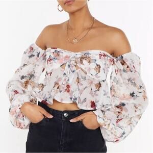Nasty Gal Womens Floral Off the Shoulder Milk Maid Sheer Floral Crop Top Size 10